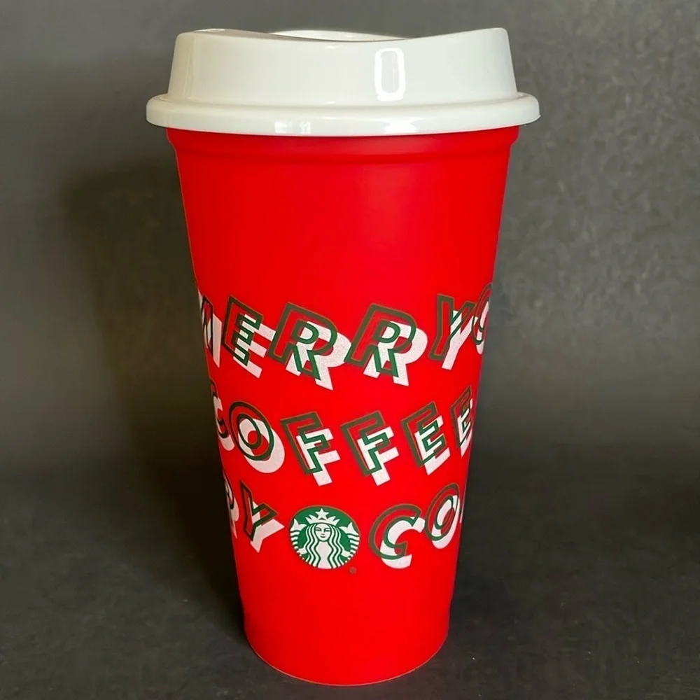 STARBUCKS Merry Coffee 16oz Refillable Cup with Lid 2013 Holiday Red/White/Green